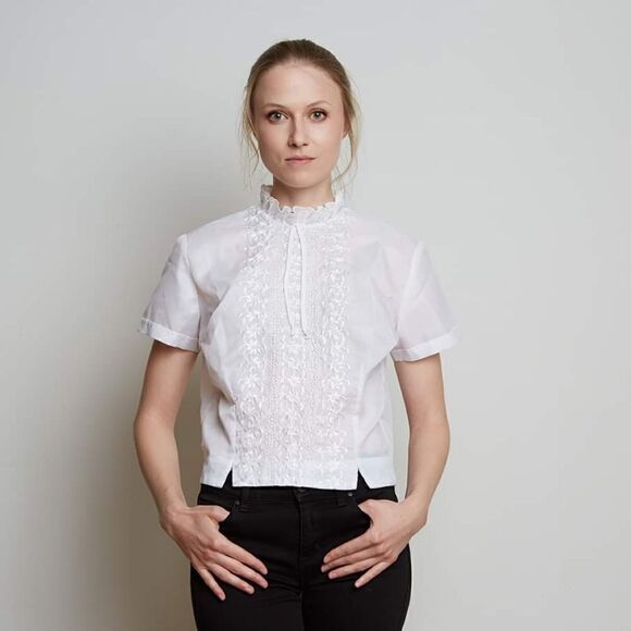 Vintage 50s White Crop Embroidered Top M - Picture 1 of 7